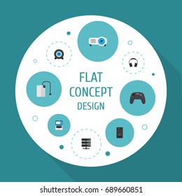 Flat Icons System Unit, Datacenter, Presentation And Other Vector Elements. Set Of Laptop Flat Icons Symbols Also Includes PC, Server, Camera Objects.