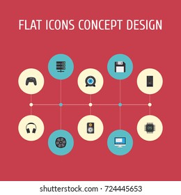 Flat Icons System Unit, Earphones, Web Cam And Other Vector Elements. Set Of PC Flat Icons Symbols Also Includes Loudspeaker, Microprocessor, Monitor Objects.