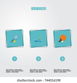 Flat Icons Table Tennis, Puck, Rocket And Other Vector Elements. Set Of Activity Flat Icons Symbols Also Includes Ping, Puck, Tennis Objects.