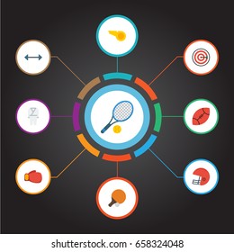 Flat Icons Table Tennis, Uniform, Rocket And Other Vector Elements. Set Of Sport Flat Icons Symbols Also Includes Dumbbells, Ball, Ping Objects.