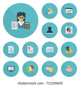 Flat Icons Tactics, Pie Bar, Accounting System And Other Vector Elements. Set Of Recording Flat Icons Symbols Also Includes Booker, Accounting, Money Objects.