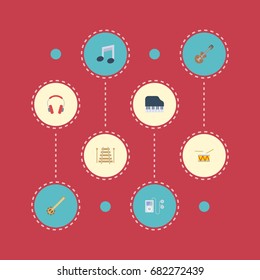 Flat Icons Tambourine, Earphone, Banjo And Other Vector Elements. Set Of Music Flat Icons Symbols Also Includes Symbol, String, Instrument Objects.