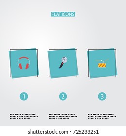 Flat Icons Tambourine, Karaoke, Earphone And Other Vector Elements. Set Of Studio Flat Icons Symbols Also Includes Tambourine, Karaoke, Drum Objects.