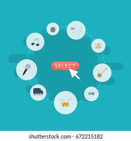 Flat Icons Tape, Mp3 Player, Karaoke And Other Vector Elements. Set Of Studio Flat Icons Symbols Also Includes Percussion, Audio, Microphone Objects.