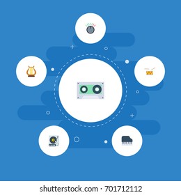 Flat Icons Tape, Octave Keyboard, Tambourine And Other Vector Elements. Set Of Melody Flat Icons Symbols Also Includes Lyre, Knob, Instrument Objects.