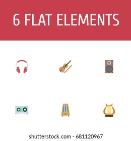 Flat Icons Tape, Rhythm Motion, Audio Box And Other Vector Elements. Set Of Melody Flat Icons Symbols Also Includes Harp, Orchestra, Lyre Objects.