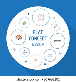 Flat Icons Task List, Handshake, Goal Vector Elements. Set Of Trade Flat Icons Symbols Also Includes Loupe, Letter, Eyeglasses Objects.
