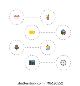Flat Icons Tea, Armchair, Date And Other Vector Elements. Set Of Bureau Flat Icons Symbols Also Includes Watch, Id, Pencil Objects.