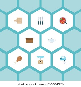 Flat Icons Teapot, Breadboard, Blender And Other Vector Elements. Set Of Cooking Flat Icons Symbols Also Includes Knife, Leg, Spoon Objects.