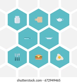 Flat Icons Teapot, Breadboard, Fast Food And Other Vector Elements. Set Of Kitchen Flat Icons Symbols Also Includes Plate, Dish, Jar Objects.