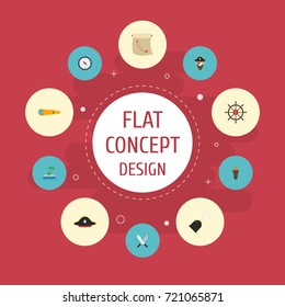 Flat Icons Telescope, Pirate Hat, Direction And Other Vector Elements. Set Of Piracy Flat Icons Symbols Also Includes Navigate, Hat, Corsair Objects.