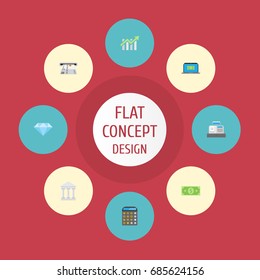 Flat Icons Teller Machine, Bank, Till And Other Vector Elements. Set Of Finance Flat Icons Symbols Also Includes Calculator, Diagram, Cash Objects.