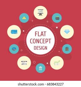 Flat Icons Teller Machine, Billfold, Bank And Other Vector Elements. Set Of Banking Symbols Also Includes Diamond, Jewel, Credit Objects.