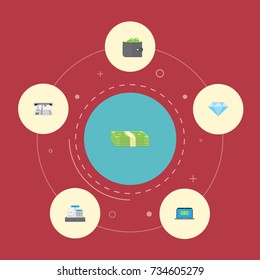 Flat Icons Teller Machine, Billfold, Cash Stack And Other Vector Elements. Set Of Finance Flat Icons Symbols Also Includes Register, Till, Stack Objects.