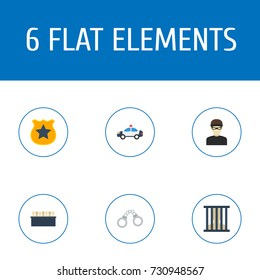 Flat Icons Thief, Jury, Manacles And Other Vector Elements. Set Of Criminal Flat Icons Symbols Also Includes Handcuffs, Jurors, Emblem Objects.