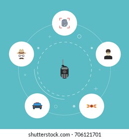 Flat Icons Thumbprint, Warning Strip, Thief And Other Vector Elements. Set Of Crime Flat Icons Symbols Also Includes Talkie, Fingerprint, Automobile Objects.