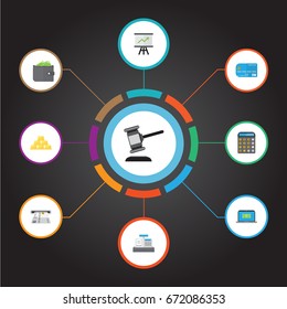 Flat Icons Till, Billfold, Ingot And Other Vector Elements. Set Of Banking Flat Icons Symbols Also Includes Computer, Card, Arrow Objects.