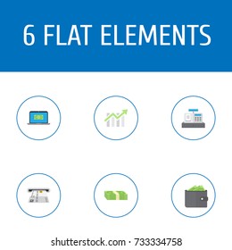 Flat Icons Till, Computer, Bar Diagram And Other Vector Elements. Set Of Finance Flat Icons Symbols Also Includes Purse, Diagram, Bank Objects.