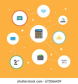 Flat Icons Till, Ingot, Computer And Other Vector Elements. Set Of Finance Flat Icons Symbols Also Includes Purse, Gavel, Cash Objects.