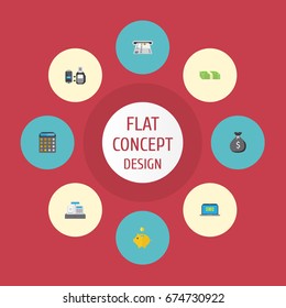 Flat Icons Till, Teller Machine, Money Box And Other Vector Elements. Set Of Banking Flat Icons Symbols Also Includes Machine, Bank, Finance Objects.