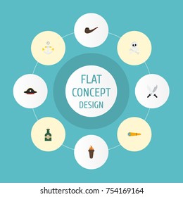 Flat Icons Tobacco, Sword, Cranium And Other Vector Elements. Set Of Pirate Flat Icons Symbols Also Includes Bone, Fire, Armature Objects.