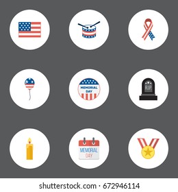 Flat Icons Tomb, Medallion, Fire Wax And Other Vector Elements. Set Of Memorial Flat Icons Symbols Also Includes Grave, Mom, Calendar Objects.