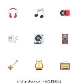 Flat Icons Tone Symbol, Audio Box, Retro Disc And Other Vector Elements. Set Of Melody Flat Icons Symbols Also Includes Player, Vinyl, Audio Objects.