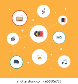Flat Icons Tone Symbol, Radio, Tambourine And Other Vector Elements. Set Of Studio Flat Icons Symbols Also Includes Accordion, Cassette, Music Objects.