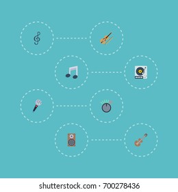 Flat Icons Tone Symbol, Turntable, Fiddle And Other Vector Elements. Set Of Audio Flat Icons Symbols Also Includes Turntable, Speaker, Microphone Objects.