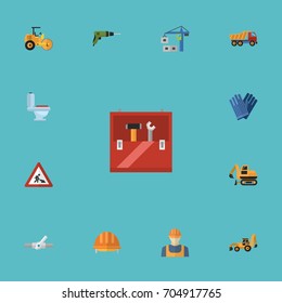 Flat Icons Toolkit, Excavator, Steamroller And Other Vector Elements. Set Of Construction Flat Icons Symbols Also Includes Valve, Plumbing, Roller Objects.