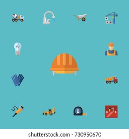 Flat Icons Toolkit, Excavator, Worker And Other Vector Elements. Set Of Construction Flat Icons Symbols Also Includes Handcart, Pneumatic, Repair Objects.