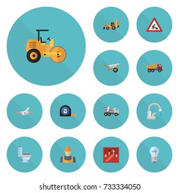 Flat Icons Toolkit, Handcart, Steamroller Vector Elements. Set Of Construction Flat Icons Symbols Also Includes Bulb, Toolkit, Restroom Objects.