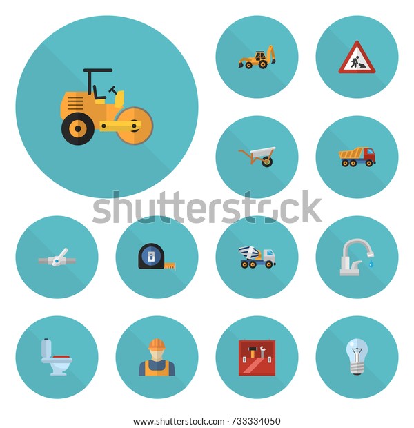 Flat Icons Toolkit, Handcart,\
Steamroller Vector Elements. Set Of Construction Flat Icons Symbols\
Also Includes Bulb, Toolkit, Restroom\
Objects.