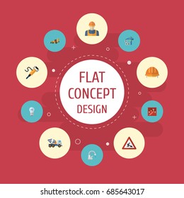 Flat Icons Toolkit, Worker, Hoisting Machine And Other Vector Elements. Set Of Construction Flat Icons Symbols Also Includes Bright, Backhoe, Concrete Objects.