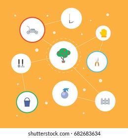 Flat Icons Tools, Fence, Pruner And Other Vector Elements. Set Of Horticulture Flat Icons Symbols Also Includes Instruments, Berries, Atomizer Objects.