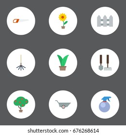 Flat Icons Tools, Flowerpot, Hacksaw And Other Vector Elements. Set Of Gardening Flat Icons Symbols Also Includes Hedge, Fence, Garden Objects.