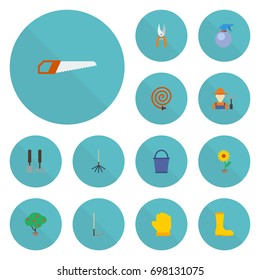 Flat Icons Tools, Flowerpot, Latex And Other Vector Elements. Set Of Horticulture Flat Icons Symbols Also Includes Harrow, Bucket, Flower Objects.