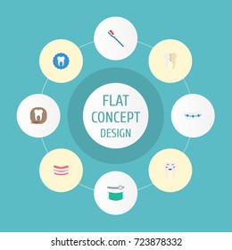 Flat Icons Tooth Seal, Artificial Teeth, Radiology And Other Vector Elements. Set Of Enamel Flat Icons Symbols Also Includes Dentition, Healthy, Health Objects.