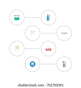 Flat Icons Tooth Seal, Stomatology, Cleaned And Other Vector Elements. Set Of Enamel Flat Icons Symbols Also Includes Toothbrush, Reconstruction, Toothpaste Objects.