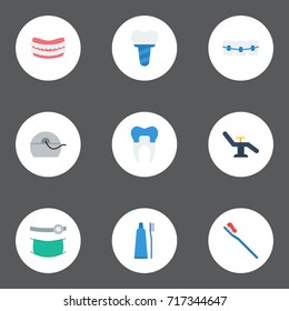 Flat Icons Toothbrush, Furniture, Hygiene And Other Vector Elements. Set Of Dental Flat Icons Symbols Also Includes Implant, Toothpaste, Halitosis Objects.