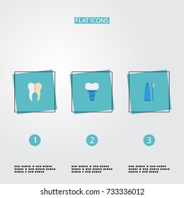 Flat Icons Toothbrush, Implantation, Treatment And Other Vector Elements. Set Of Dental Flat Icons Symbols Also Includes Treatment, Implant, Tooth Objects.