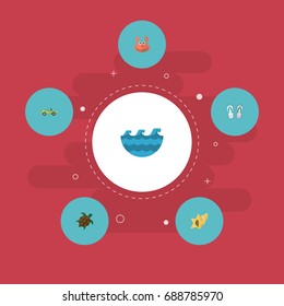 Flat Icons Tortoise, Cancer, Shell And Other Vector Elements. Set Of Summer Flat Icons Symbols Also Includes Flip, Crab, Cabriolet Objects.