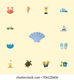 Flat Icons Tortoise, Conch, Slippers And Other Vector Elements. Set Of Beach Flat Icons Symbols Also Includes Pain, Castle, Shovel Objects.