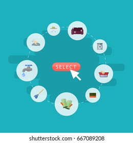 Flat Icons Towel, Housekeeping, Besom And Other Vector Elements. Set Of Cleaning Flat Icons Symbols Also Includes Towel, Faucet, Bast Objects.