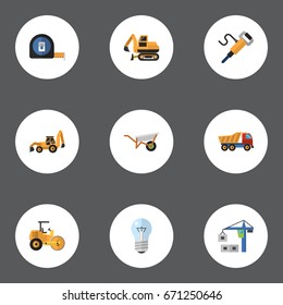 Flat Icons Tractor, Bulb, Steamroller And Other Vector Elements. Set Of Industry Flat Icons Symbols Also Includes Wheelbarrow, Measure, Van Objects.