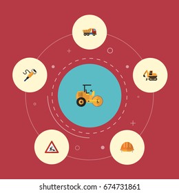 Flat Icons Tractor, Steamroller, Caution And Other Vector Elements. Set Of Construction Flat Icons Symbols Also Includes Van, Steamroller, Truck Objects.