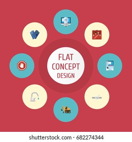 Flat Icons Tractor, Stop Sign, Restroom And Other Vector Elements. Set Of Construction Flat Icons Symbols Also Includes Gloves, Toilet, Faucet Objects.