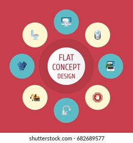 Flat Icons Tractor, Stop Sign, Mitten And Other Vector Elements. Set Of Industry Flat Icons Symbols Also Includes Crawler, Valve, Wc Objects.