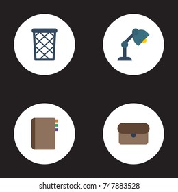 Flat Icons Trash Basket, Desk Light, Suitcase And Other Vector Elements. Set Of Bureau Flat Icons Symbols Also Includes Basket, Trash, Book Objects.