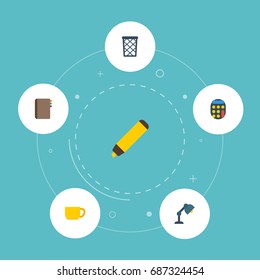 Flat Icons Trash Basket, Tea, Highlighter And Other Vector Elements. Set Of Workspace Flat Icons Symbols Also Includes Lamp, Table, Calculator Objects.